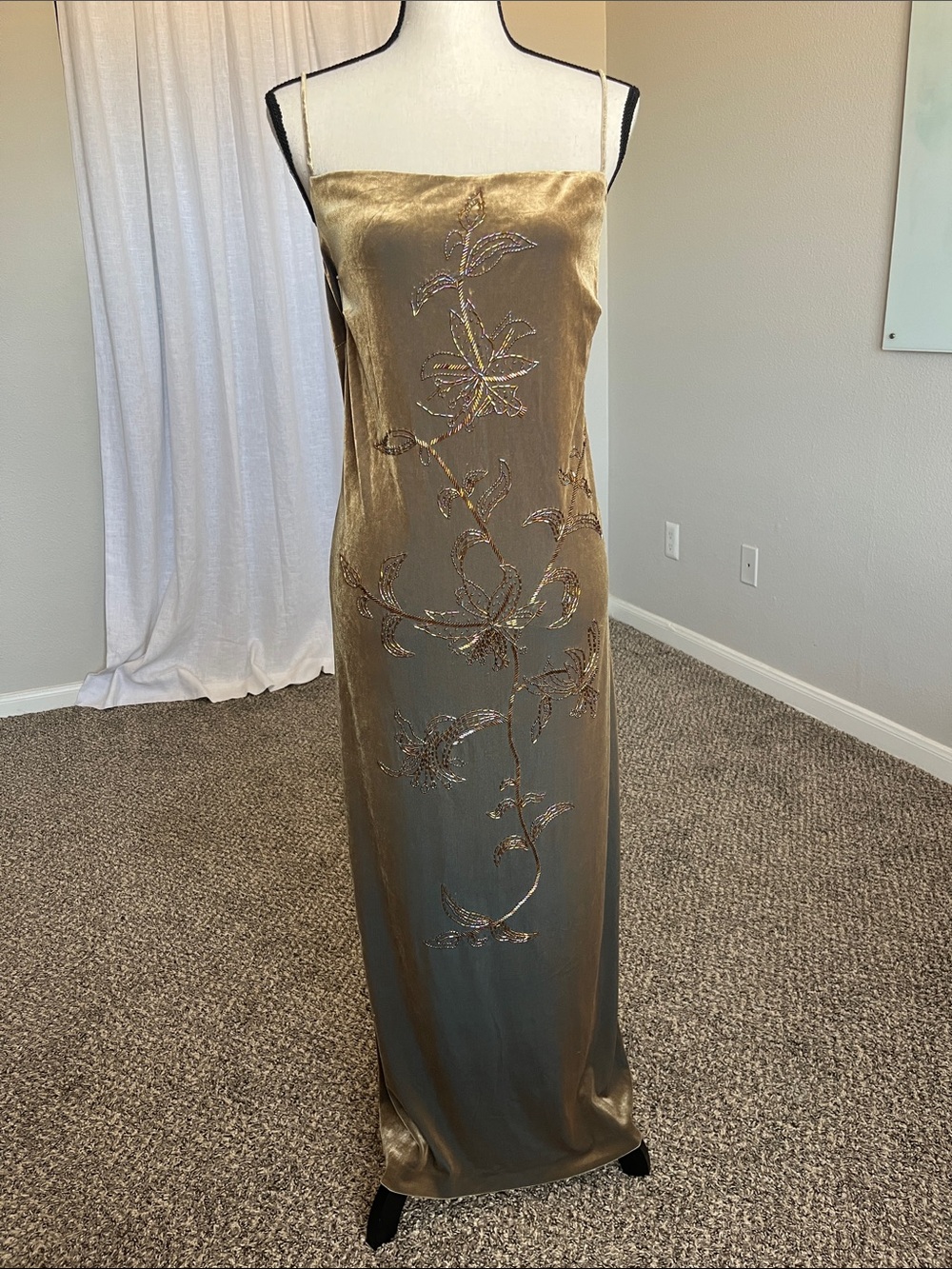VTG Donna Morgan Sage Green Velvet Maxi Dress 12 Iridescent Beaded Whimsigoth